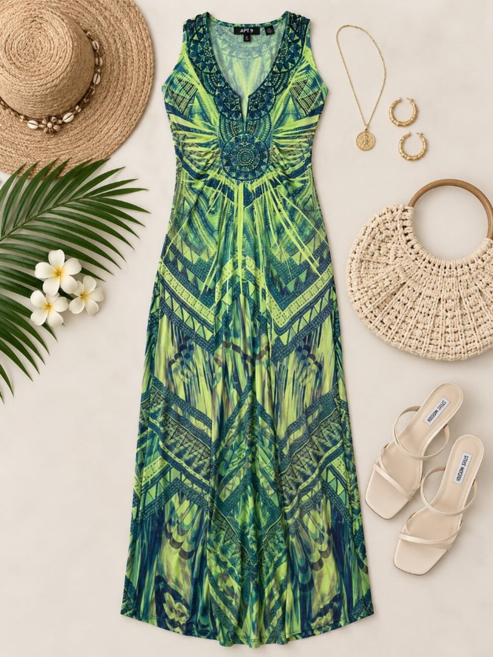 NWT Apt 9 Y2K Boho Maxi Dress L Green Teal Beaded Embellished Tribal Resort